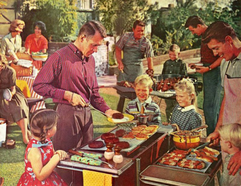 Retro vintage graphic from the 1960's of a man grilling hamburgers with children and friends and family