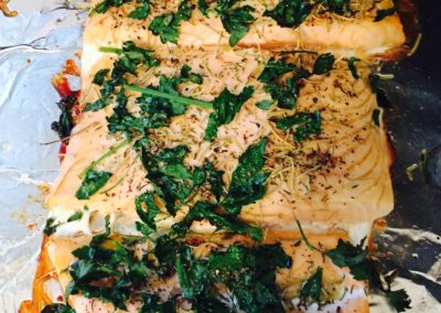 Salmon with greens Mondays at Racine Mediterranean Foods Month Wendy Kaplan RD