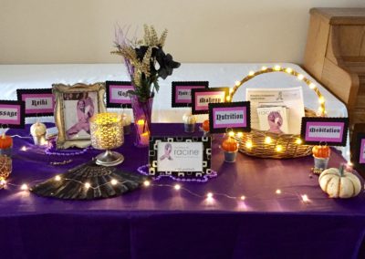 Purple table covered with little signs highlighting the services at Mondays At Racine: Massage, Reiki, Yoga, Hair Salon, Makeup, Nutrition, Meditation, Nail Care Wendy Kaplan RD Mondays At Racine
