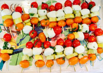 Skewers with veggies and cheese on a colorful tray Mondays At Racine Wendy Kaplan RD