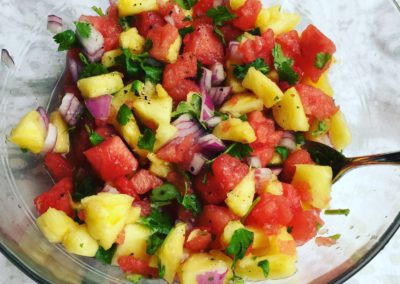 Salad with watermelon, pineapple, red onion, cilantro by Wendy Kaplan, RD