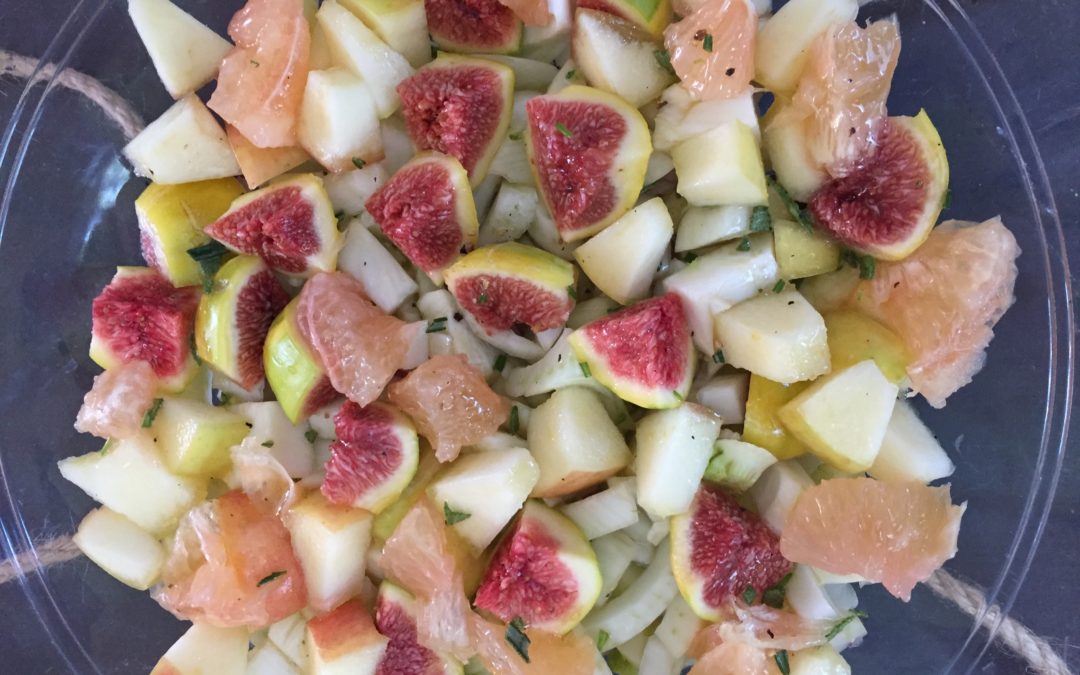 Fennel, Fig and Fuji Apple Salad in a bowl on a table by Wendy Kaplan, RD